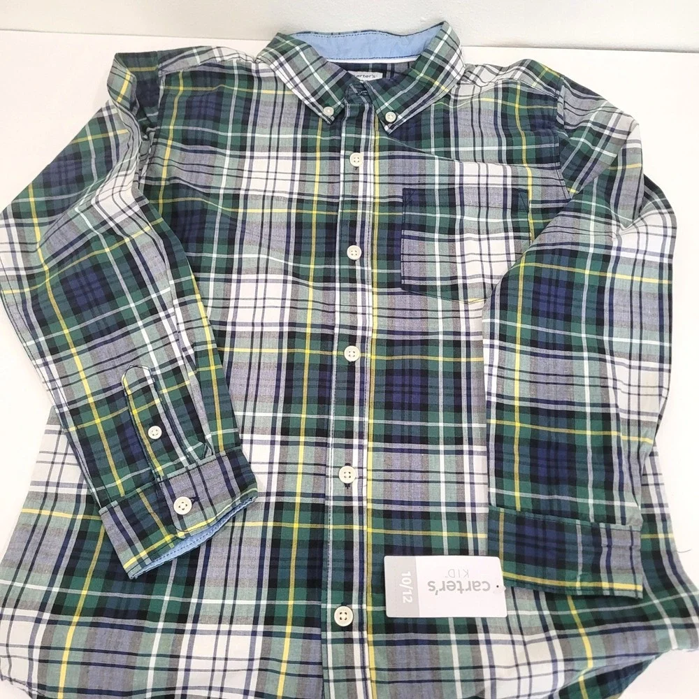 Carters Boys Plaid Button‎ Down Shirt Green Blue Long Sleeve NWT Size 10/12